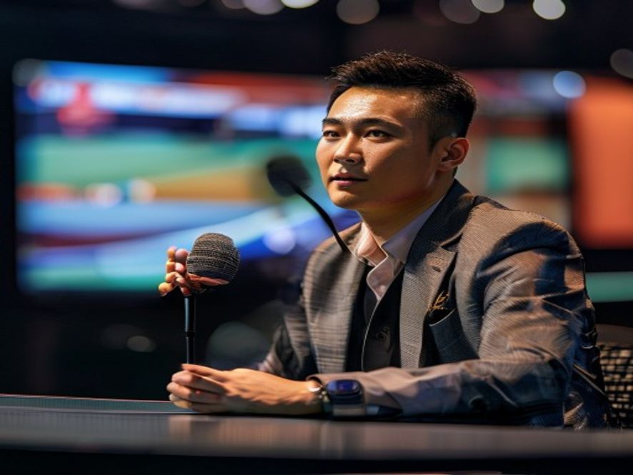 樊振东坐在解说台前专注点评比赛