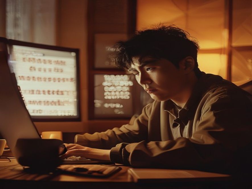 一个年轻人坐在电脑前，屏幕上显示逻辑链条从'旭旭宝宝不看'到'没品味的网瘾中年'
