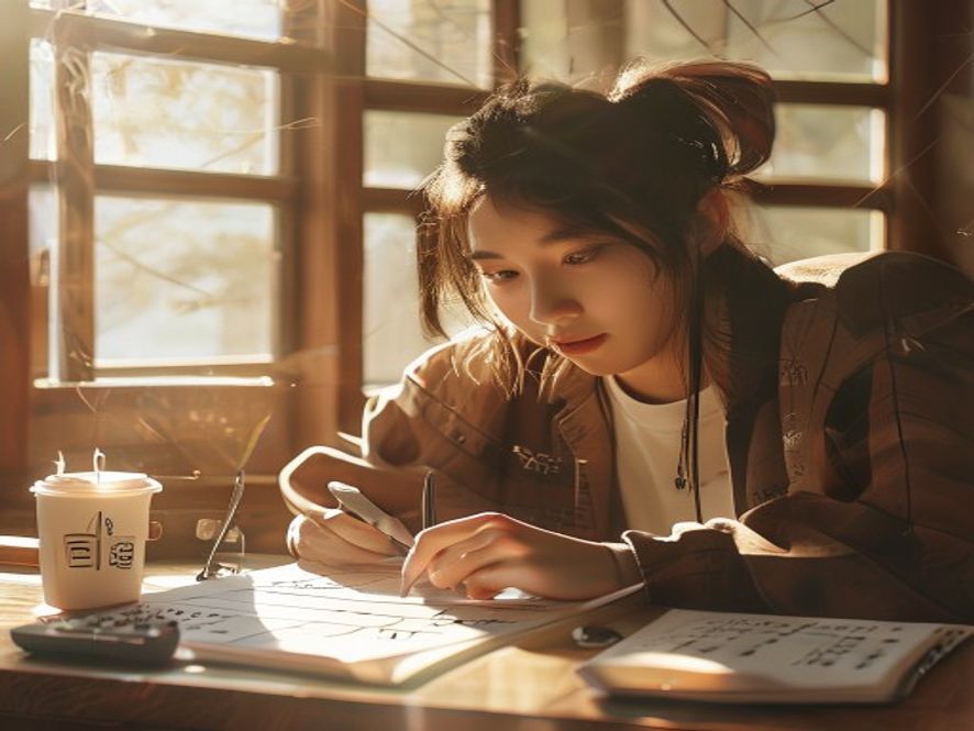 一个学生在草稿纸上手算多项式和根号，表情惊喜