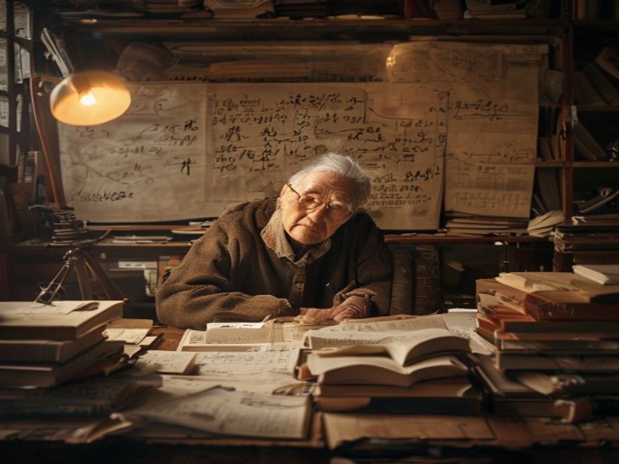 一位老数学家坐在堆满书籍的书桌前，面对复杂公式，面露困惑