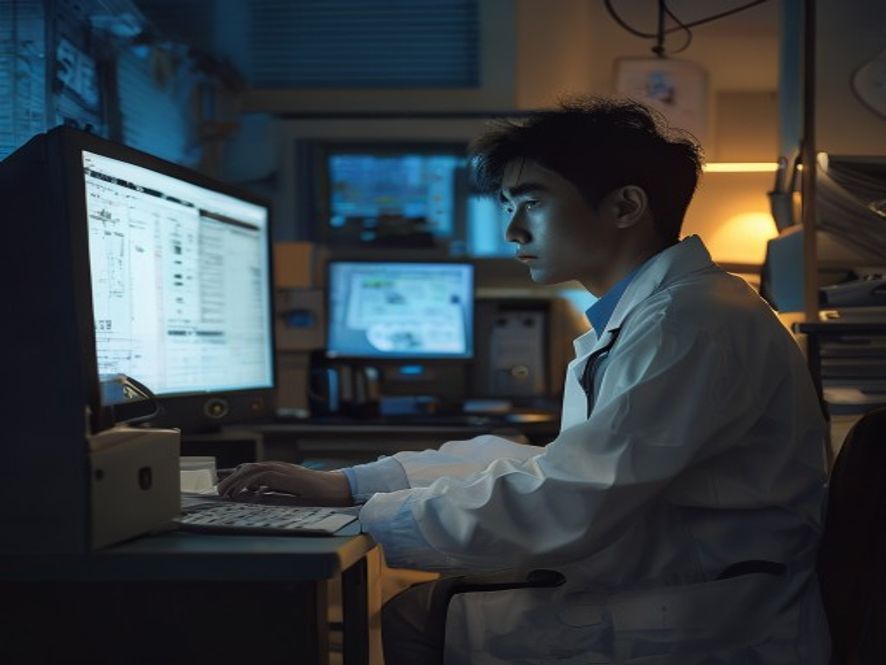一位年轻医生在深夜值班室疲惫地查看病历