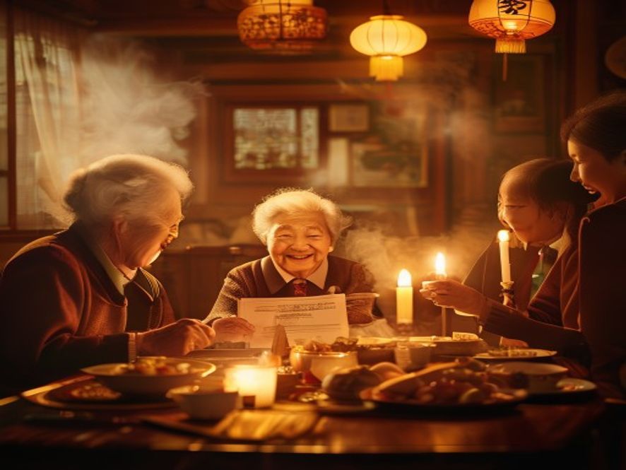 一个中式家庭聚餐庆祝孩子考上医学院