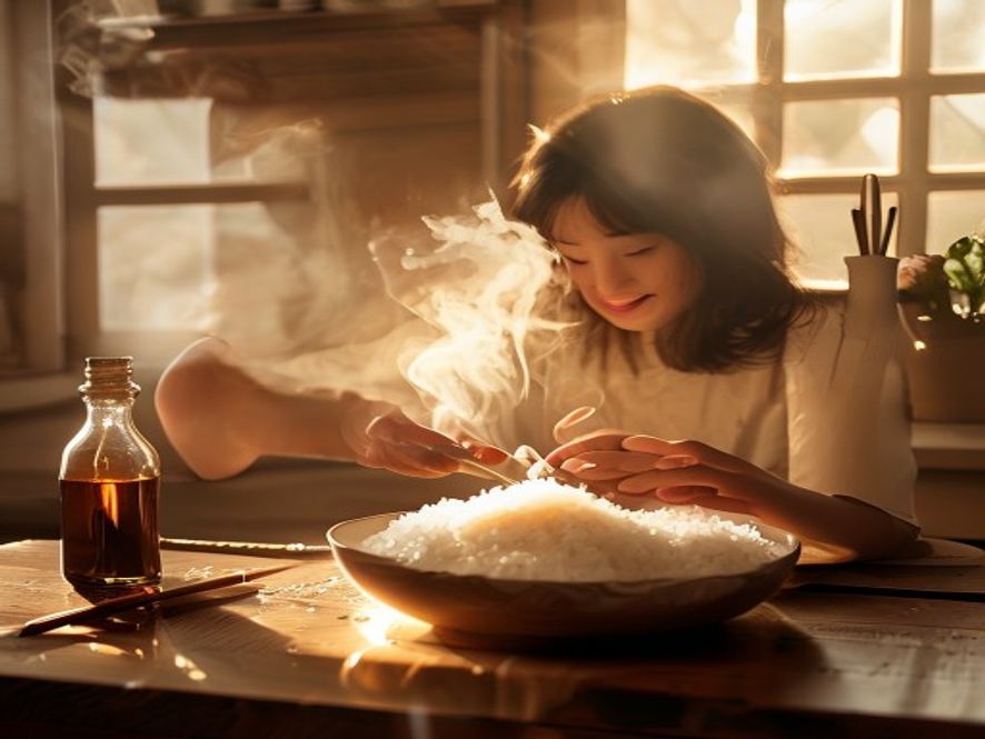 热气腾腾的米饭上打入一颗生鸡蛋，准备搅拌