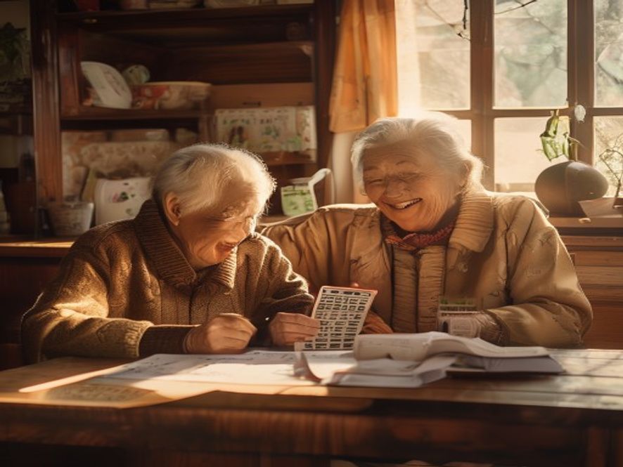 老夫妻围坐桌前查看中奖彩票和文件