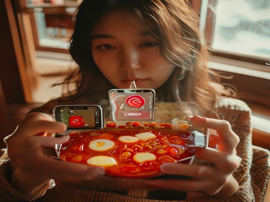 日本女网红用手机拍摄一碗红彤彤的麻辣烫，腐竹吸满汤汁，背景有TikTok界面