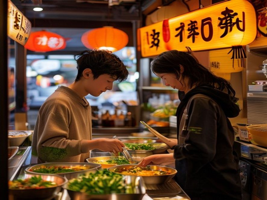 东京麻辣烫店内，顾客在自助选菜区挑选蔬菜和豆皮，价格牌显示600日元