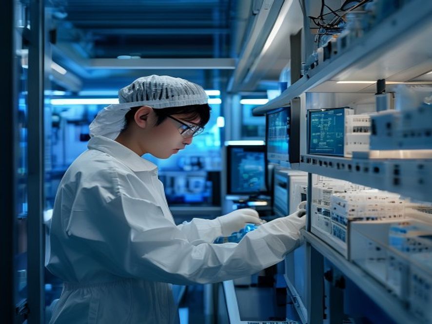 芯片研发实验室中研究人员操作光刻机
