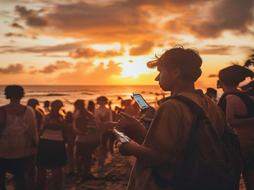 游客在巴厘岛排队刷手机，错过金色夕阳