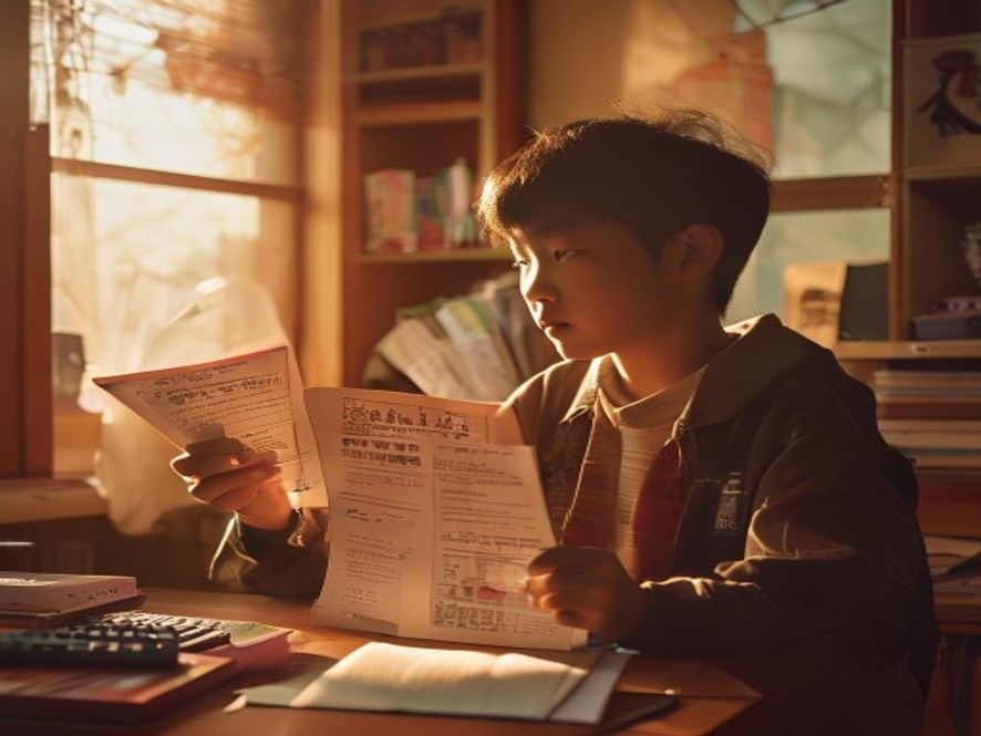 甘肃高分考生在书桌前对比两所大学录取通知书