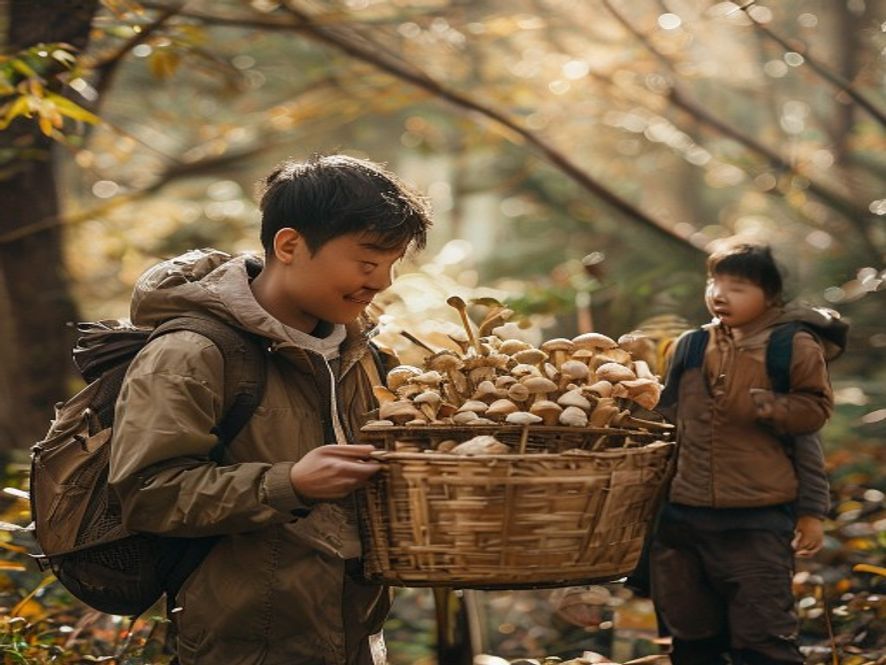 情侣采了一大篮野生菌，本地小孩哥正在筛选
