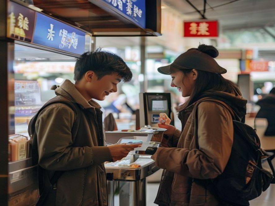 外国游客在机场外币兑换机前操作，或在小吃摊使用手机支付