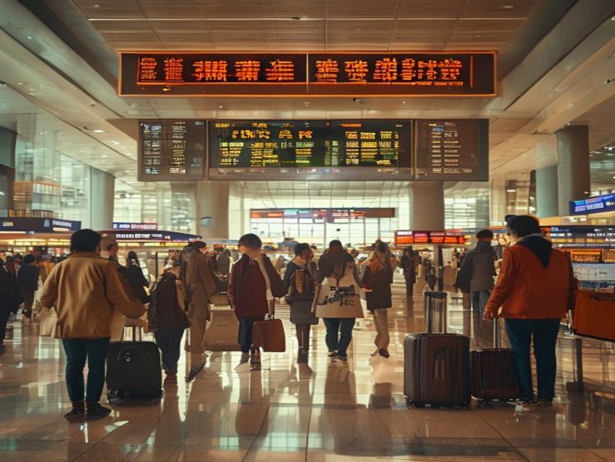北京首都机场入境大厅，各国游客排队通关，电子屏显示入境数据
