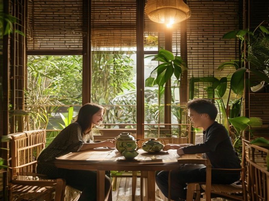 新派茶楼的岭南美学环境，竹编屏风、青砖墙面、绿植，年轻男女在喝茶