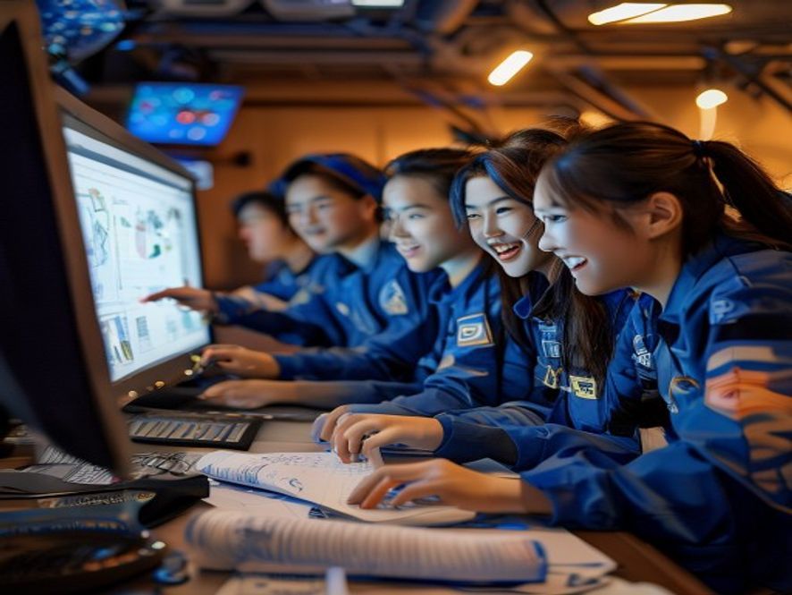 航天工程师团队在控制中心庆祝首飞成功，疲惫但自豪