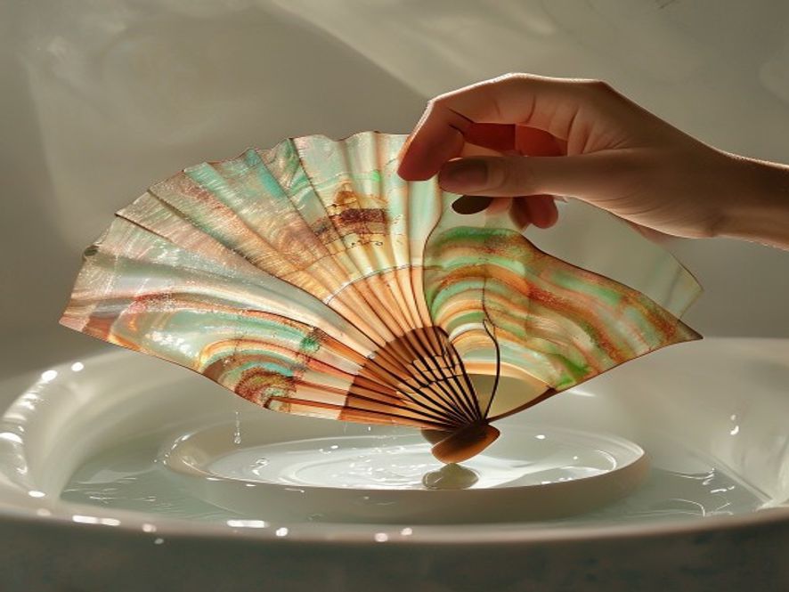 漆扇制作场景，大漆在水面形成流动纹理，扇子浸入水中