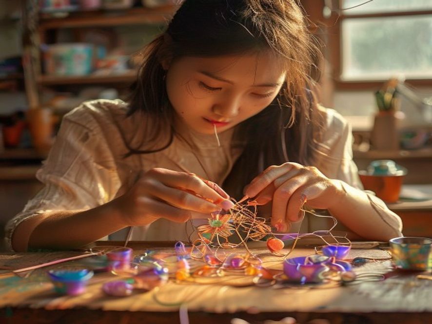 年轻女性在工坊里用镊子将铜丝弯成花朵形状制作掐丝珐琅