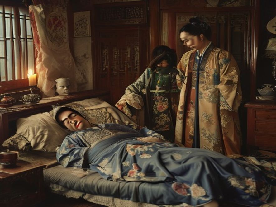武大被踢伤后躺在床上，潘金莲和西门庆站在一旁
