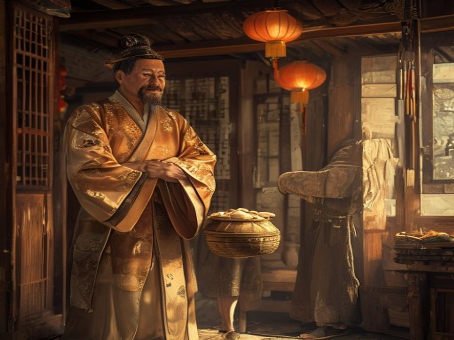 西门庆傲慢地俯视武大，武大卑微低头的场景