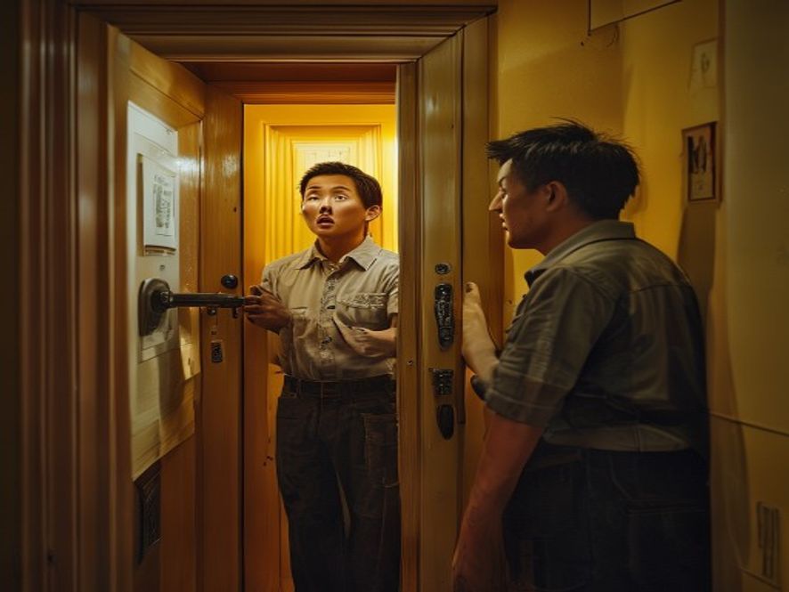 比喻：房东在租客门外换锁，租客震惊