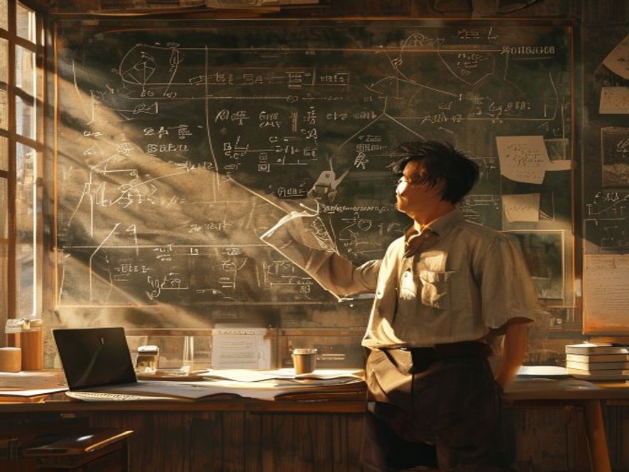一位数学家在黑板前推导复杂的偏微分方程公式，桌上有数学论文和咖啡杯