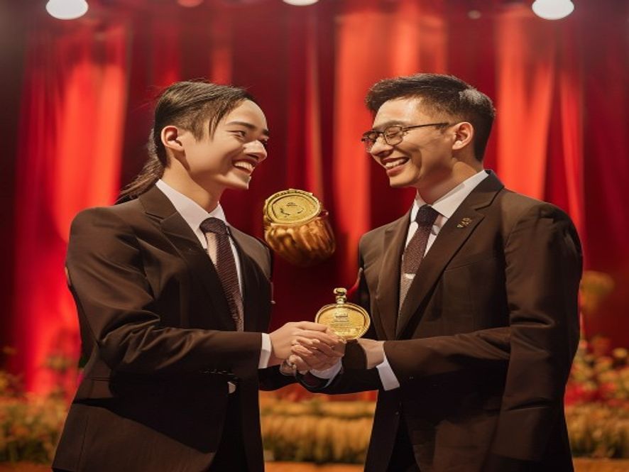 两位中国籍数学家邓煜和王虹在菲尔兹奖颁奖典礼上握手合影，背景是舞台和观众