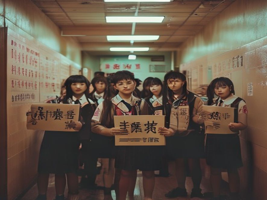 一群穿着校服的学生站在学校走廊里，每人手里举着写有'复读'的纸牌，表情无奈，背景墙上有高考倒计时和志愿填报公告