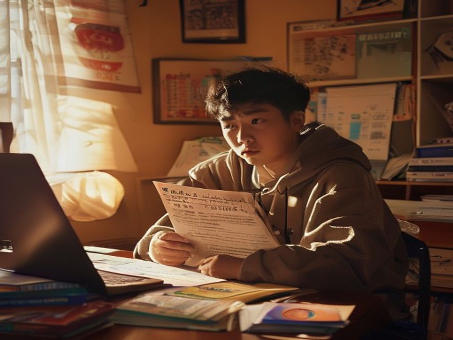 一名高分考生坐在书桌前，手里拿着厦门大学录取通知书，表情迷茫，桌上摊着志愿填报指南和电脑屏幕显示招生代码对比