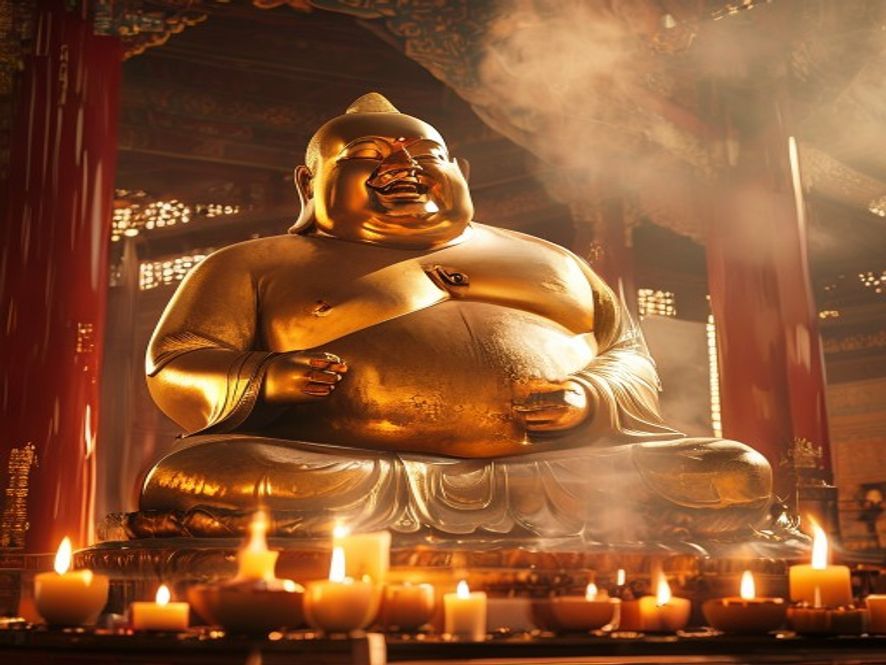 寺庙中弥勒佛雕像，大肚子象征包容