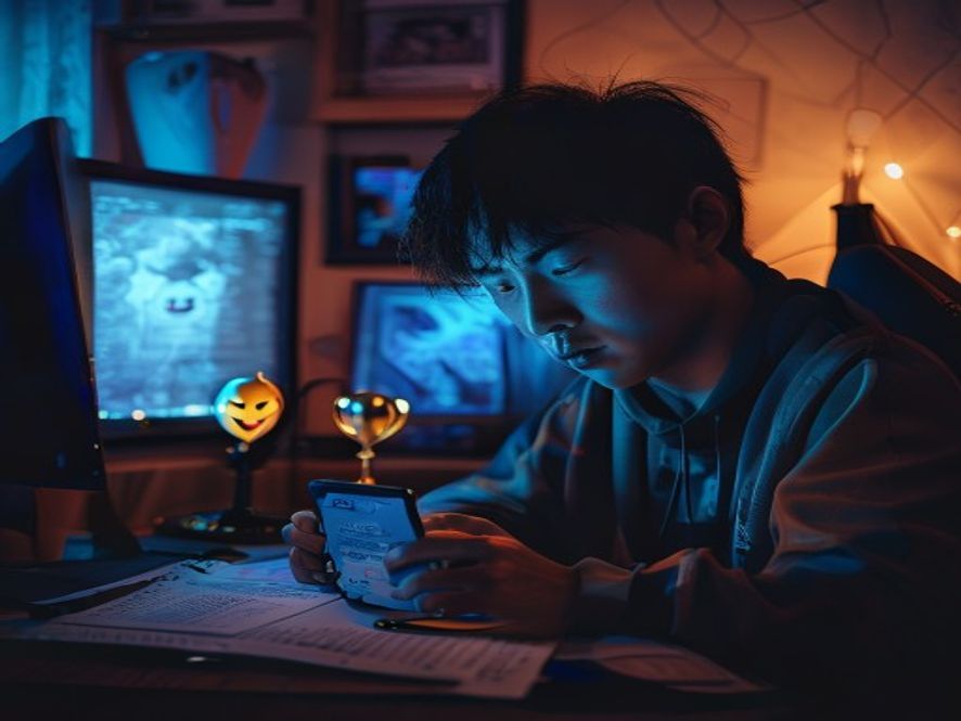 职业电竞选手低头看手机屏幕上铺天盖地的负面评论，身边放着奖杯和放大镜