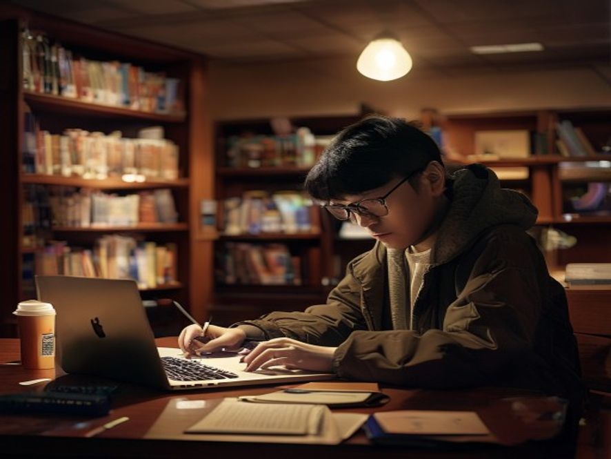 一个贫困生深夜在图书馆自习，手边放着一杯便利店咖啡，埋头学习或写代码