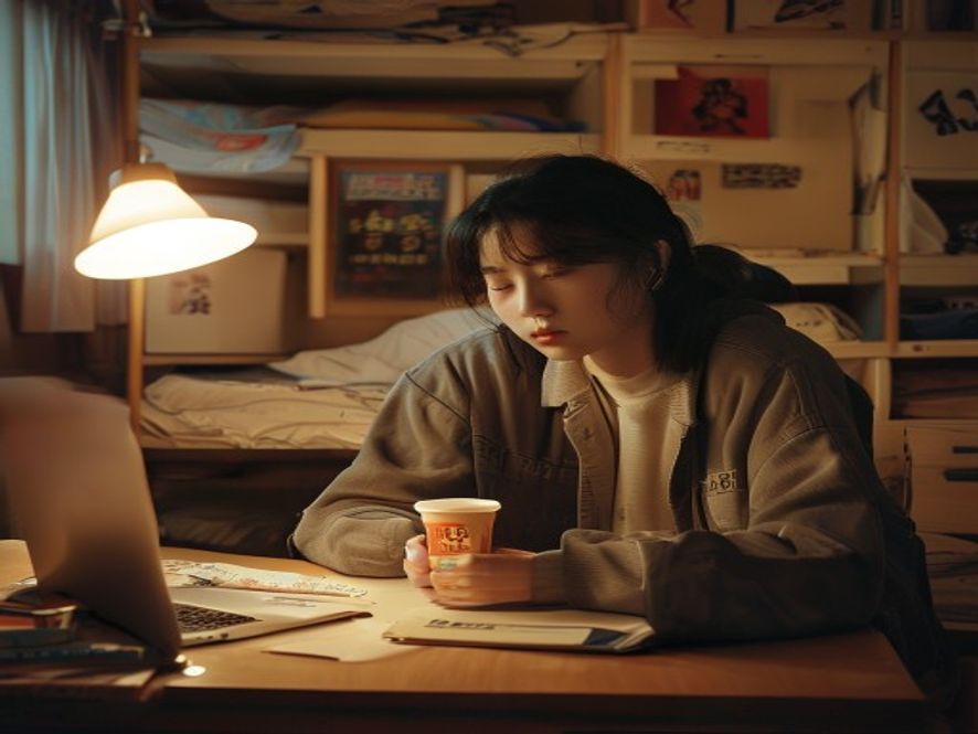 一个贫困生大学生在宿舍书桌前喝一杯9.9元的速溶咖啡，旁边摊开着课本和笔记本电脑
