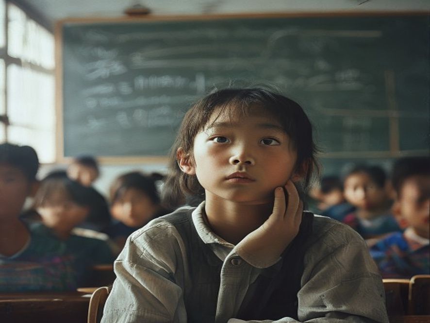 一个孩子在教室里看着黑板发呆，老师在讲台讲课，孩子显得无聊