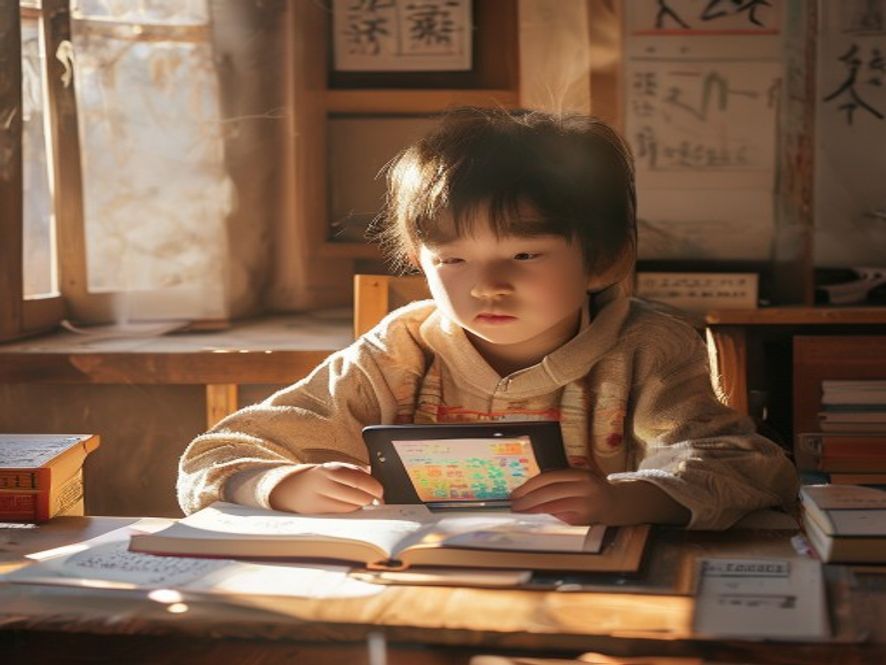 一个小孩趴在桌上玩平板电脑，旁边摊着古诗书和作业本，表情呆滞