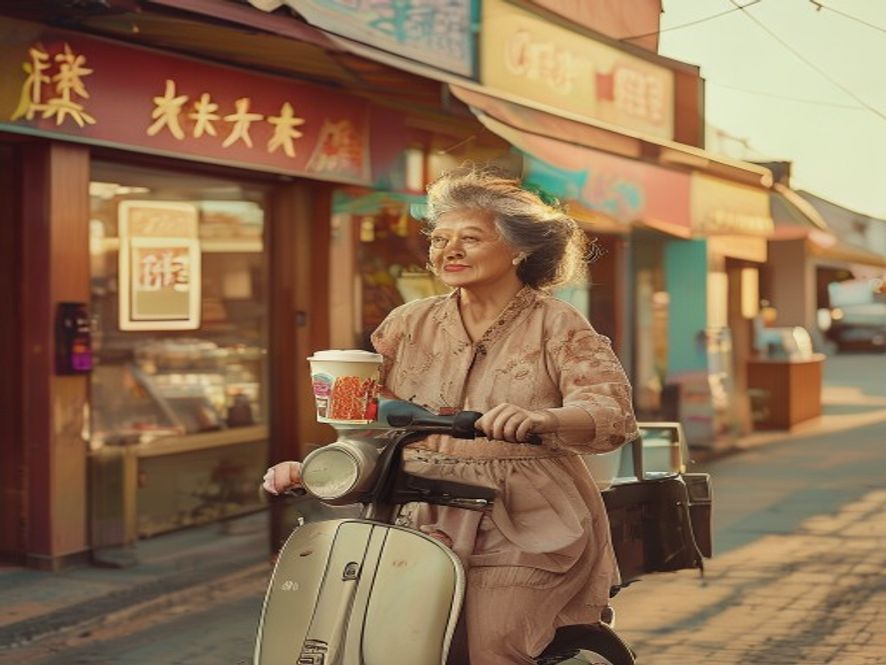 小县城街头一位中年妇女骑着电动车购买咖啡，背景是新建的商业街