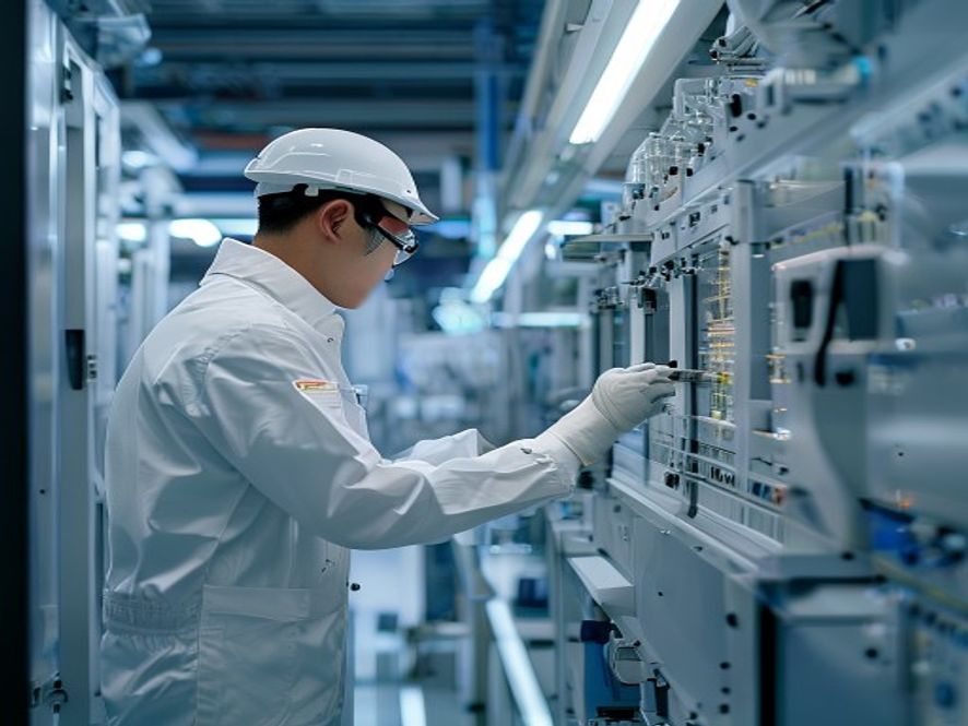 中国工程师在半导体洁净车间检查光刻机，体现芯片产业博弈