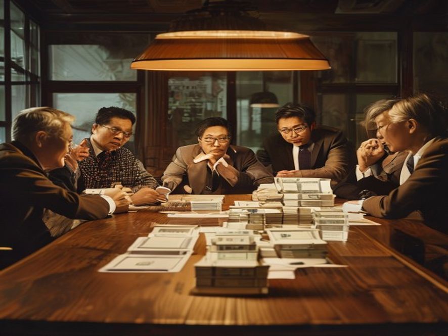 五个人围坐在会议桌前讨论一亿元分配方案