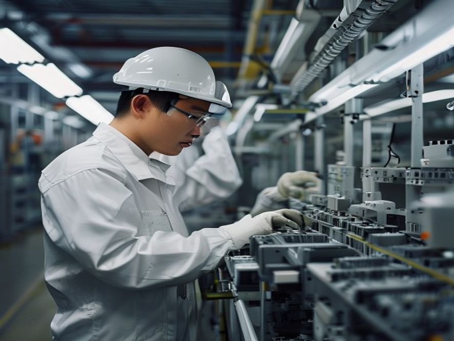 汽车零部件供应商工厂内，质检员检查有缺陷的电子控制模块