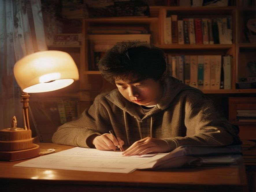 一名少年在书桌前偷偷修改志愿表，旁边放着中考成绩单