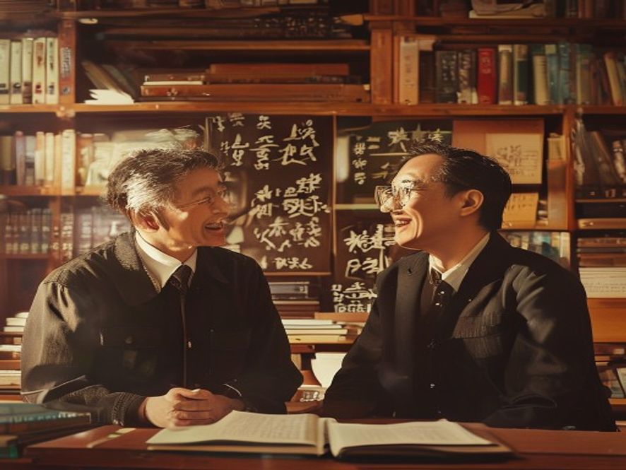 一位外国数学家正在用中文与中国数学家交流，办公室环境