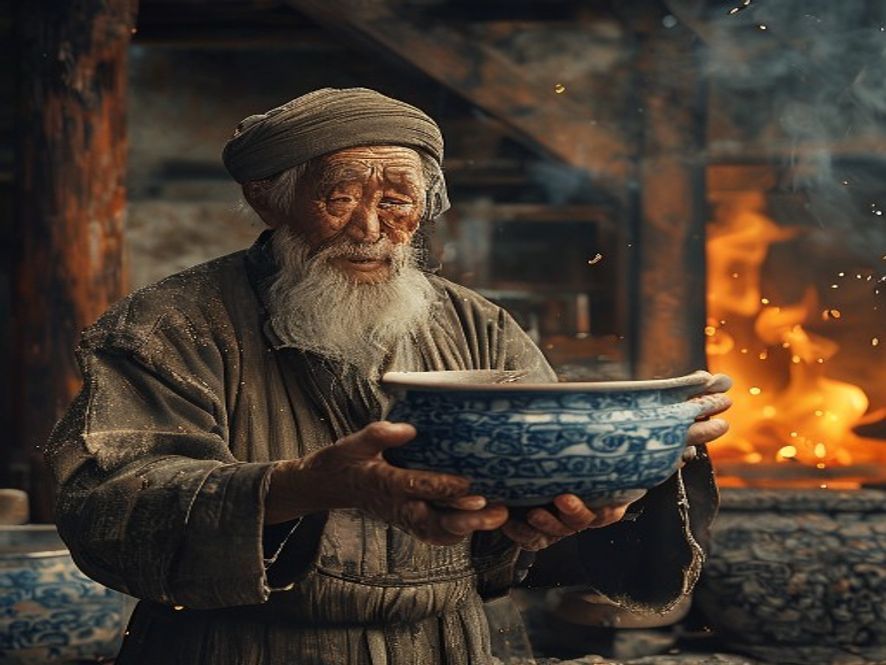 老师傅凝视刚出窑的青花碗
