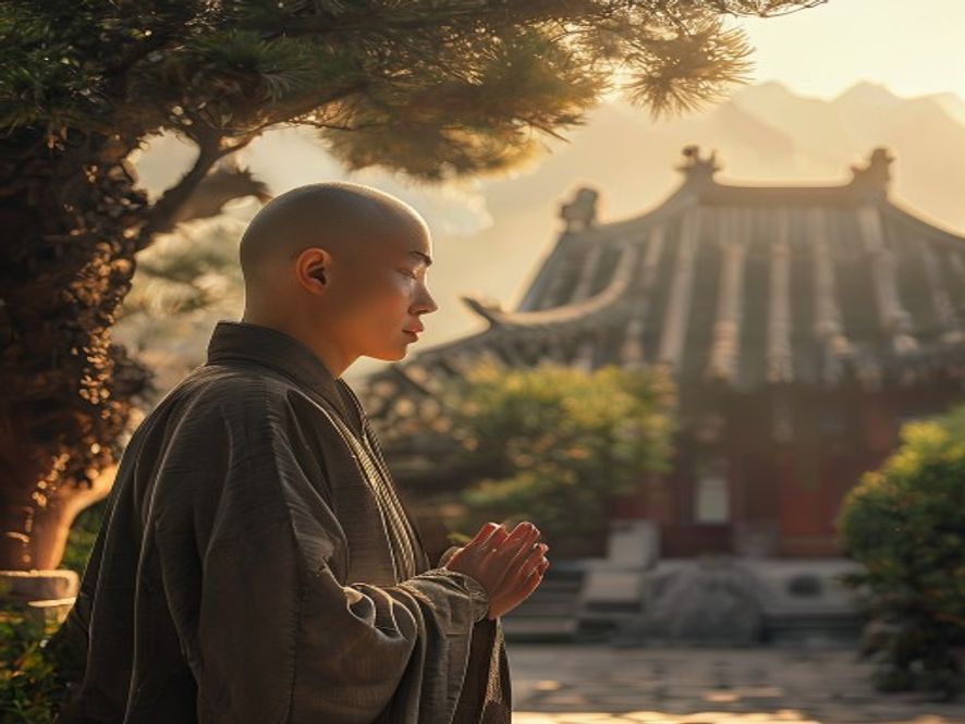柳智宇身着僧袍在寺庙庭院中远望，表情平和