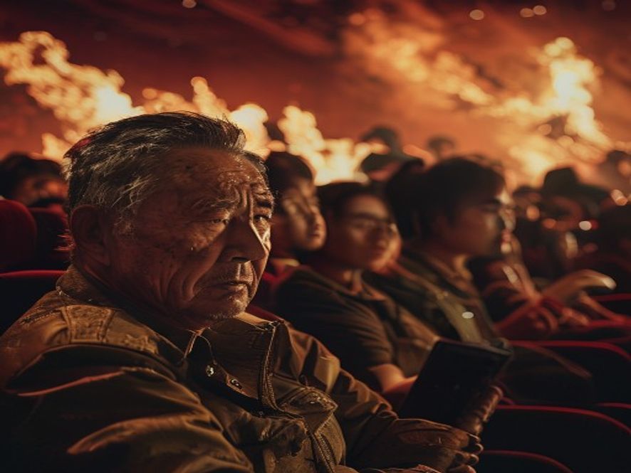 观众在电影院观看《三国》动作戏时面露失望，特效粗糙