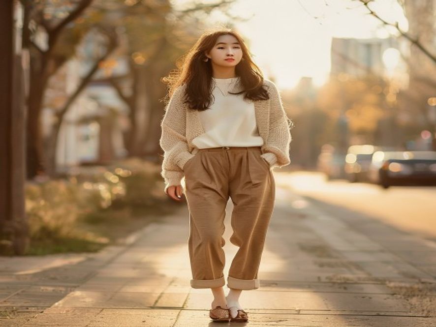 一位年轻女性穿着勃肯鞋搭配长袜，走在城市街道上，时尚休闲