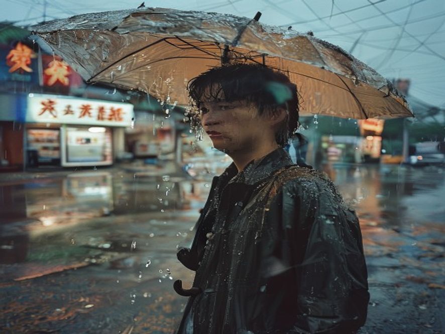 一个人被台风刮坏的伞淋成落汤鸡