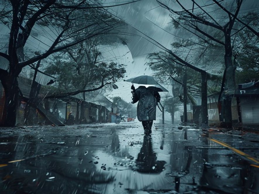 台风登陆时街道狂风暴雨，行人艰难行走