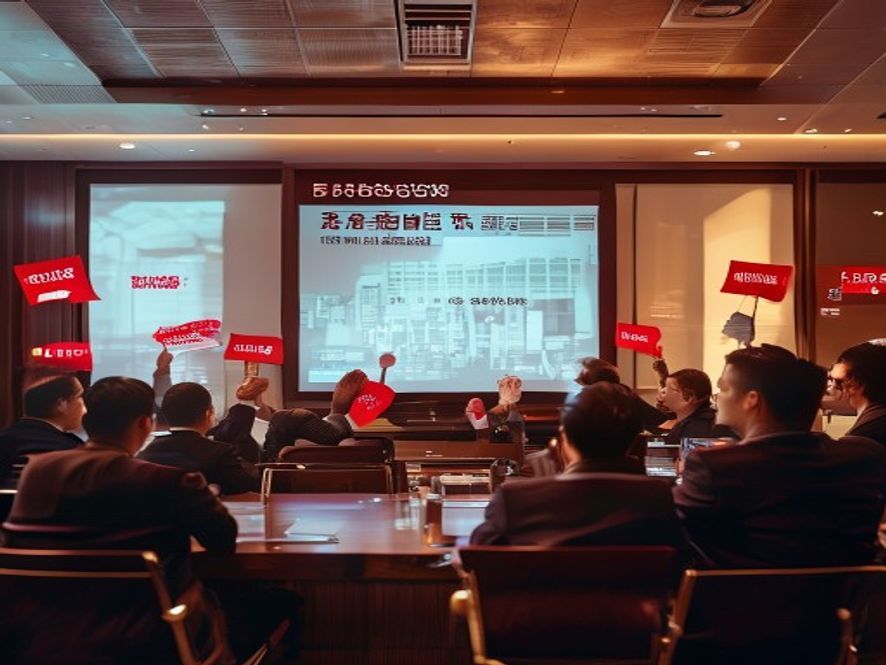 股东大会现场，中小股东举起反对票牌，背景是银行总部大楼效果图