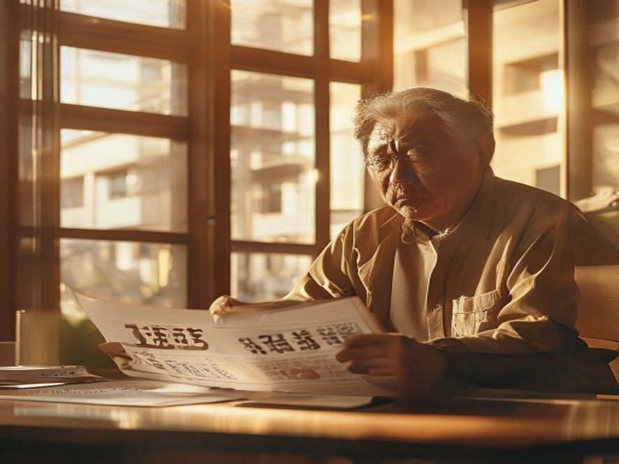一位中年小股东在家中看着银行财报和建筑效果图，表情无奈