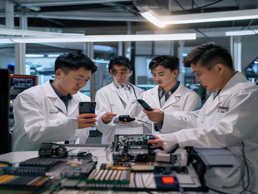 手机工程师团队在实验室测试续航，讨论改进方案