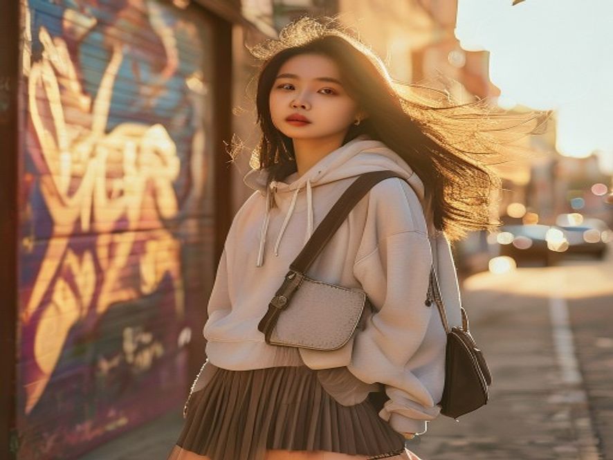 年轻女性穿着卫衣搭配半身裙走在城市街头