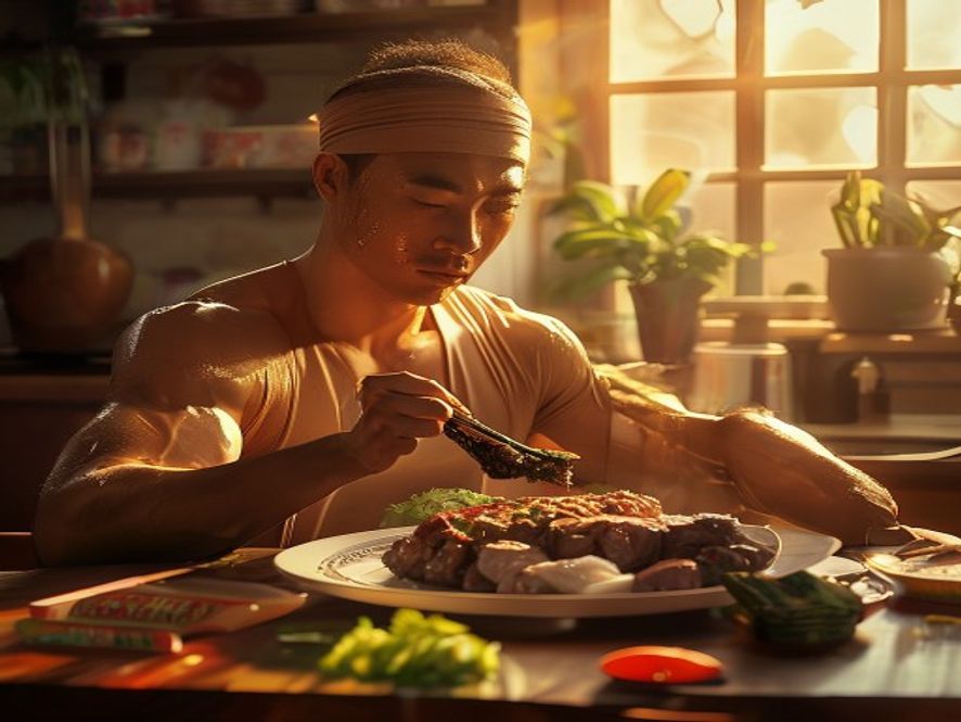 运动员正在吃包含牛排、米饭和蔬菜的高热量餐食
